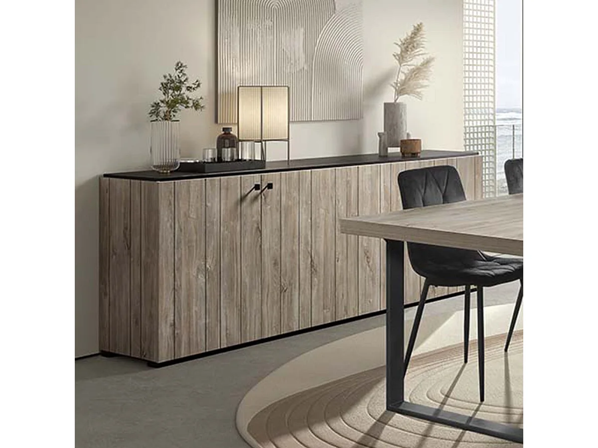Buffet 4 portes aspect lames de bois finition Beach et plateau noir - THOMAS