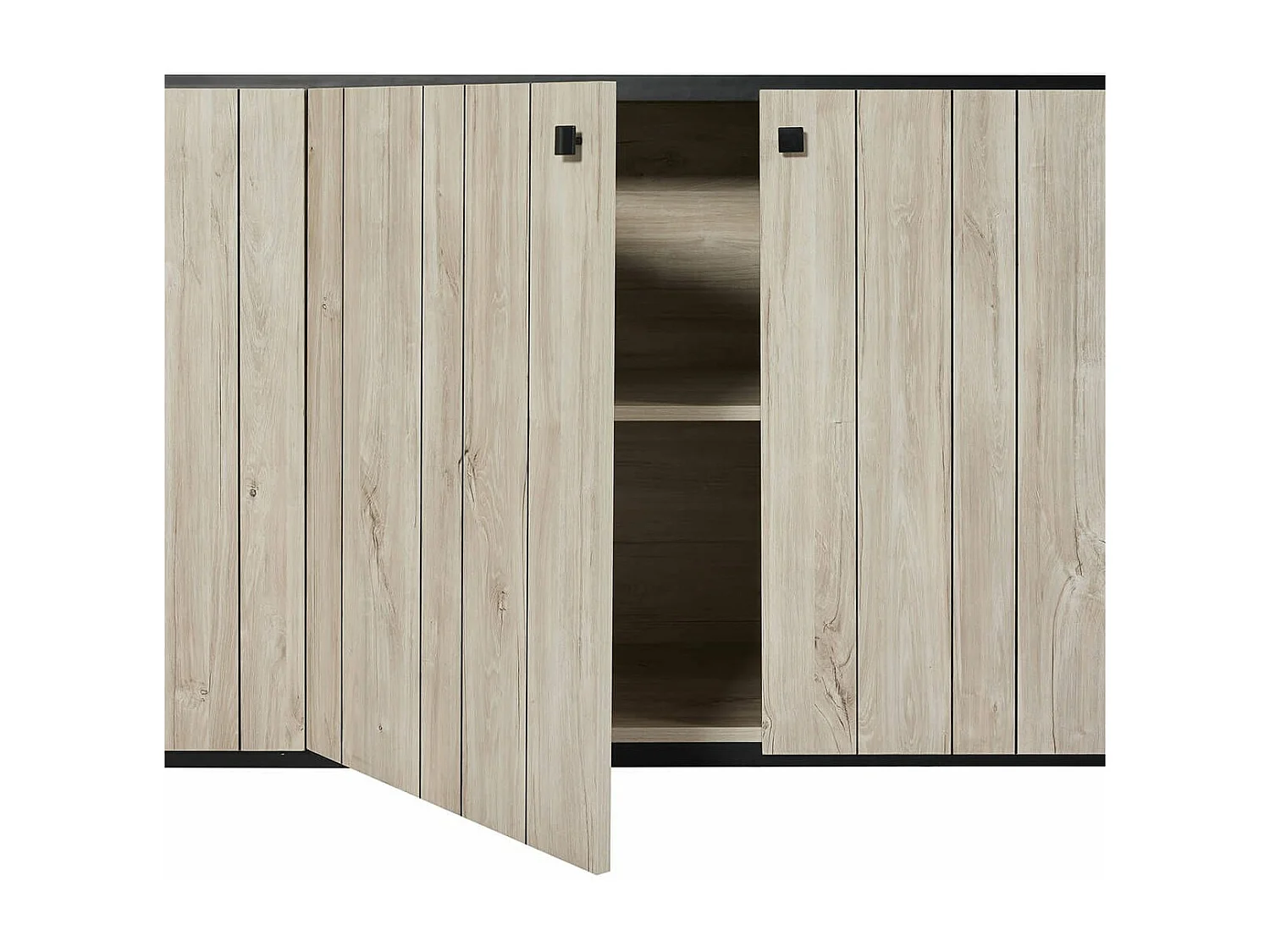 Buffet 4 portes aspect lames de bois finition Beach et plateau noir - THOMAS
