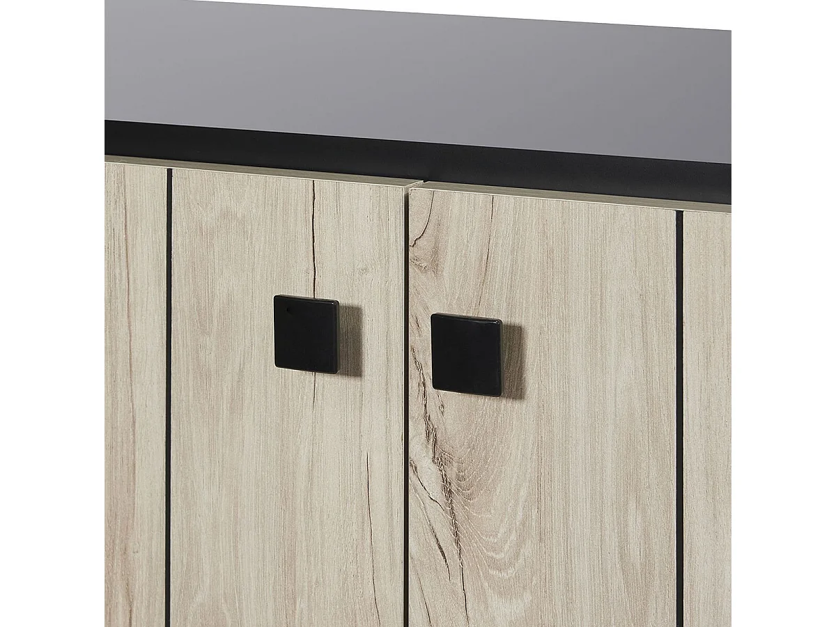 Buffet 4 portes aspect lames de bois finition Beach et plateau noir - THOMAS