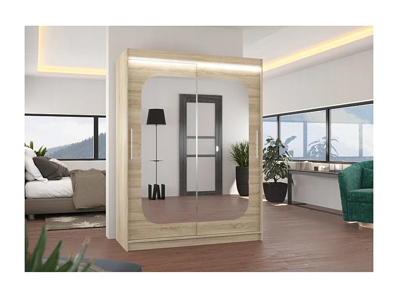 Armoire Ever (150cm)/portes coulissantes/miroir/LED/Sonoma