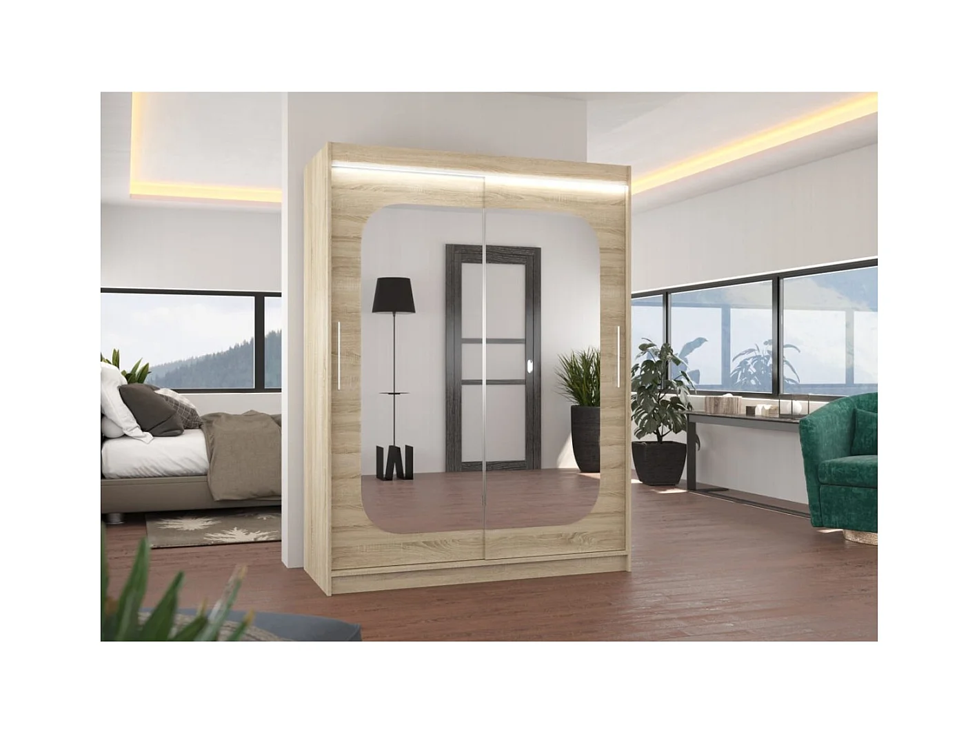 Armadio Ever (150cm)/ante scorrevoli/specchio/LED/Sonoma