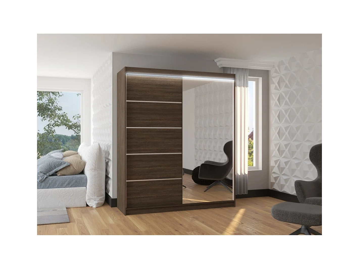 Armoire Taro Lux (180cm)/portes coulissantes/miroir/LED/Marron