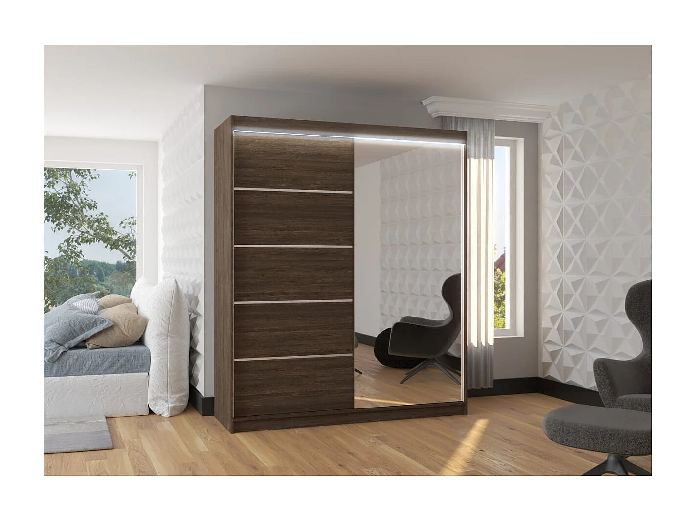 Kleiderschrank Taro Lux (180cm)/Schiebetüren/Spiegel/LED/Braun