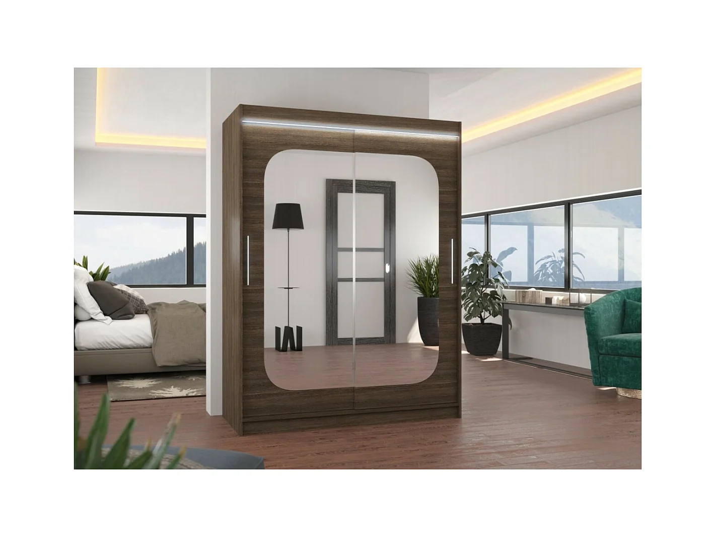 Armoire Ever (150cm)/portes coulissantes/miroir/LED/Marron
