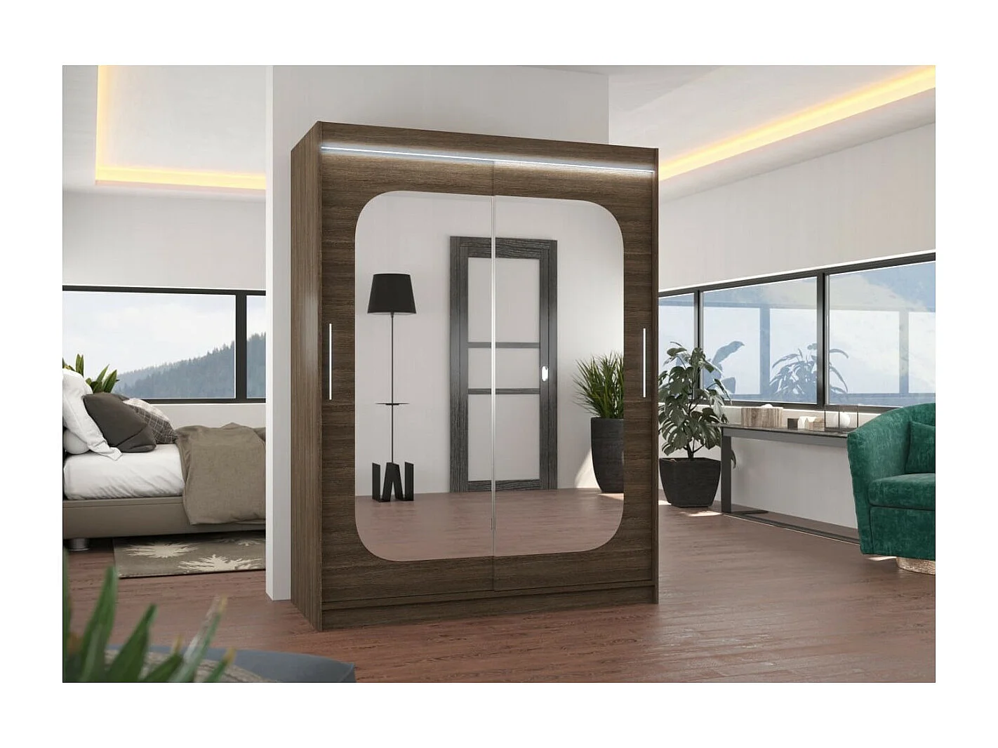 Armadio Ever (150cm)/ante scorrevoli/specchio/LED/Marrone