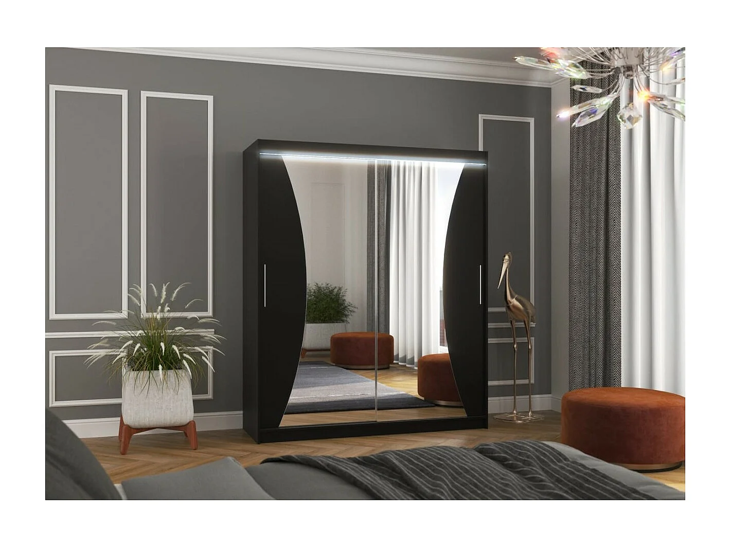 Kleiderschrank Lotte (180cm)/Schiebetüren/Spiegel/LED/Schwarz