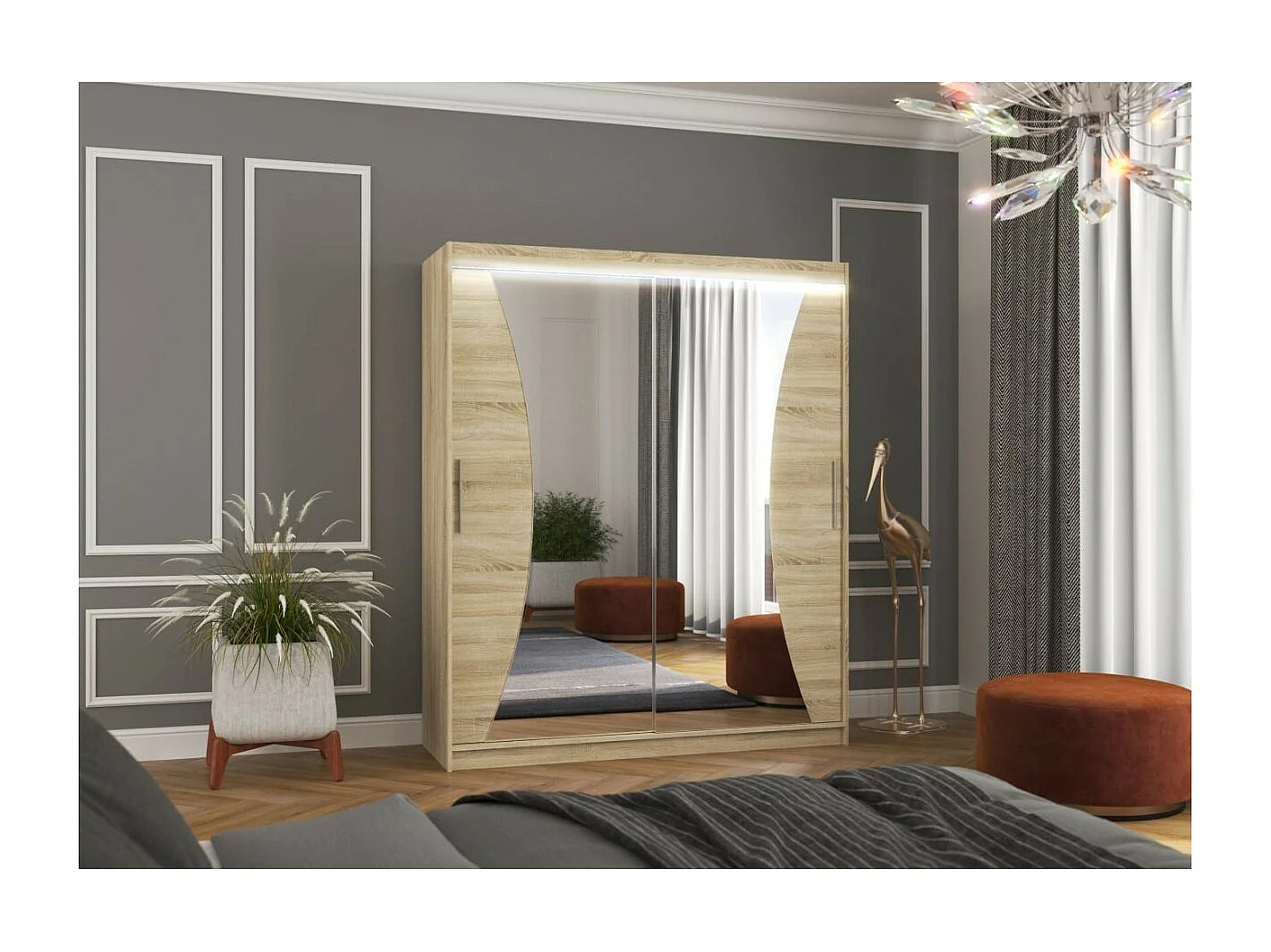 Kleiderschrank Lotte (180cm)/Schiebetüren/Spiegel/LED/Sonoma