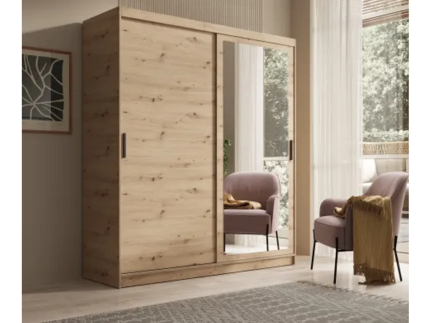 Mueble almacenaje Kela Bright de madera lacada en blanco con 2 puertas-Natural-Anchura 180 cm