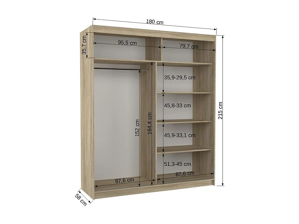 Armoire Lotte (180cm)/portes coulissantes/miroir/LED/Marron