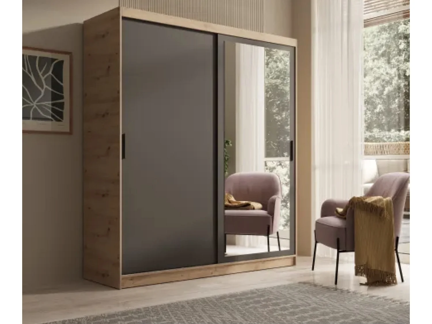 Mueble almacenaje Kela Bright de madera lacada en blanco con 2 puertas-Natural y negro-Anchura 180 cm