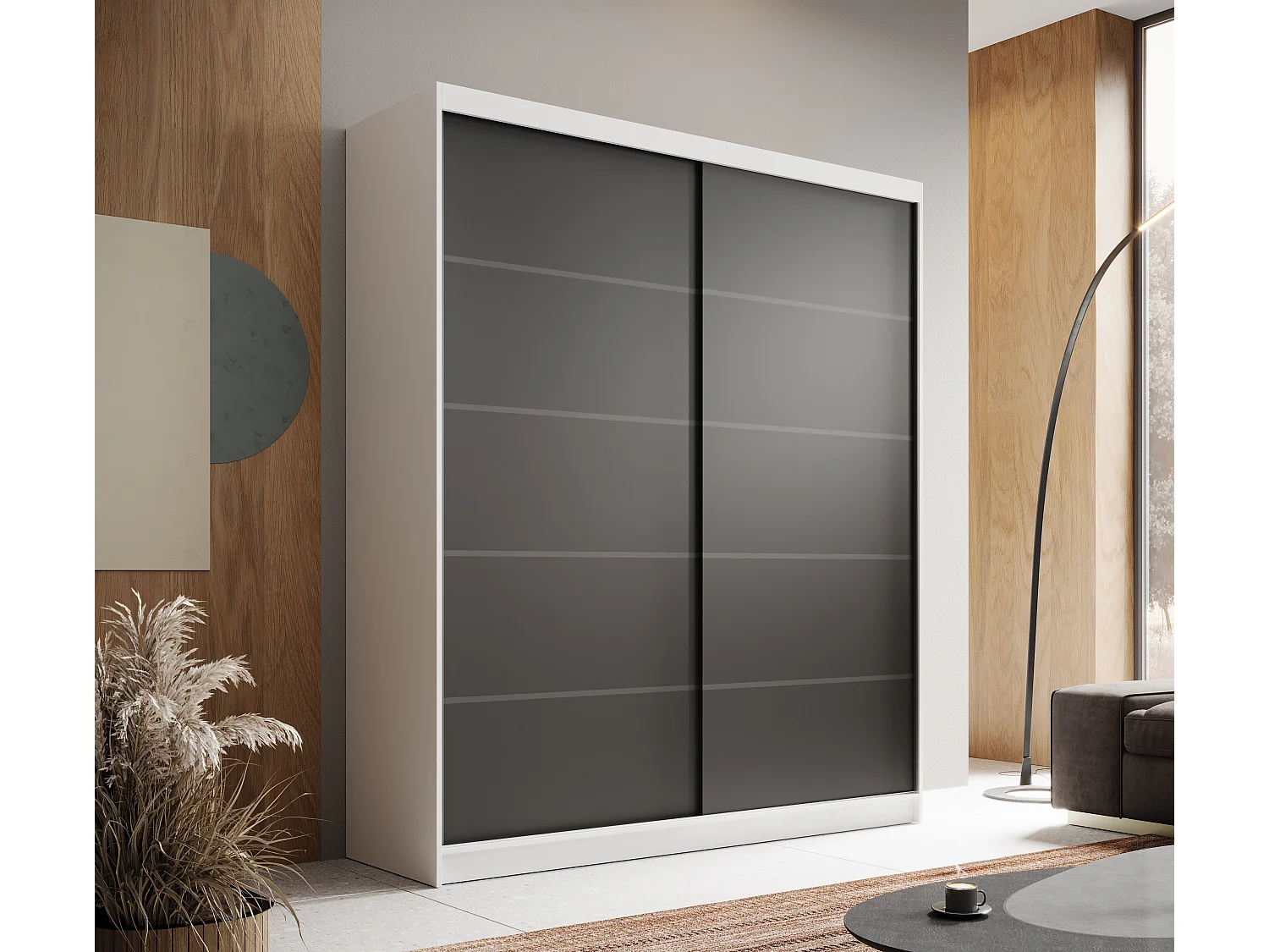Armoire coulissante 2 portes ANLY 180cm – Dressing moderne-Blanc/Noir