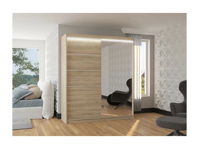 Armoire Taro Lux (180cm)/portes coulissantes/miroir/LED/Sonoma