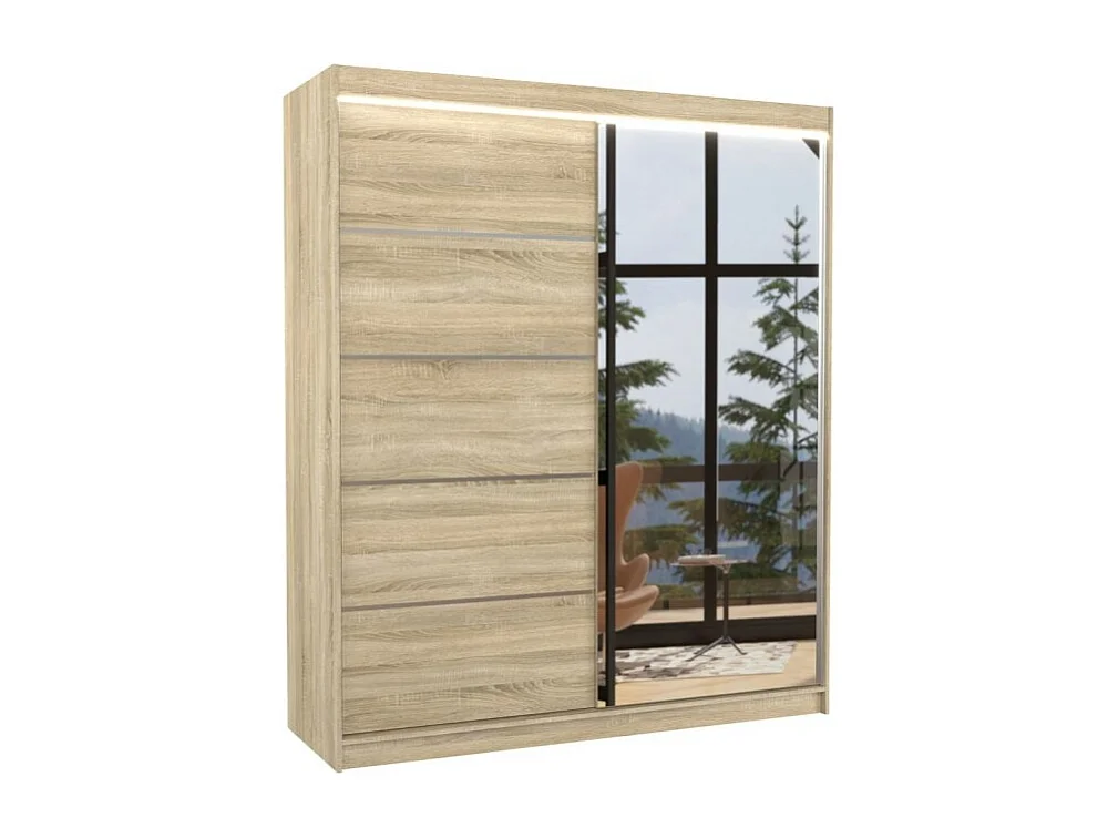 Kleiderschrank Taro Lux (180cm)/Schiebetüren/Spiegel/LED/Sonoma