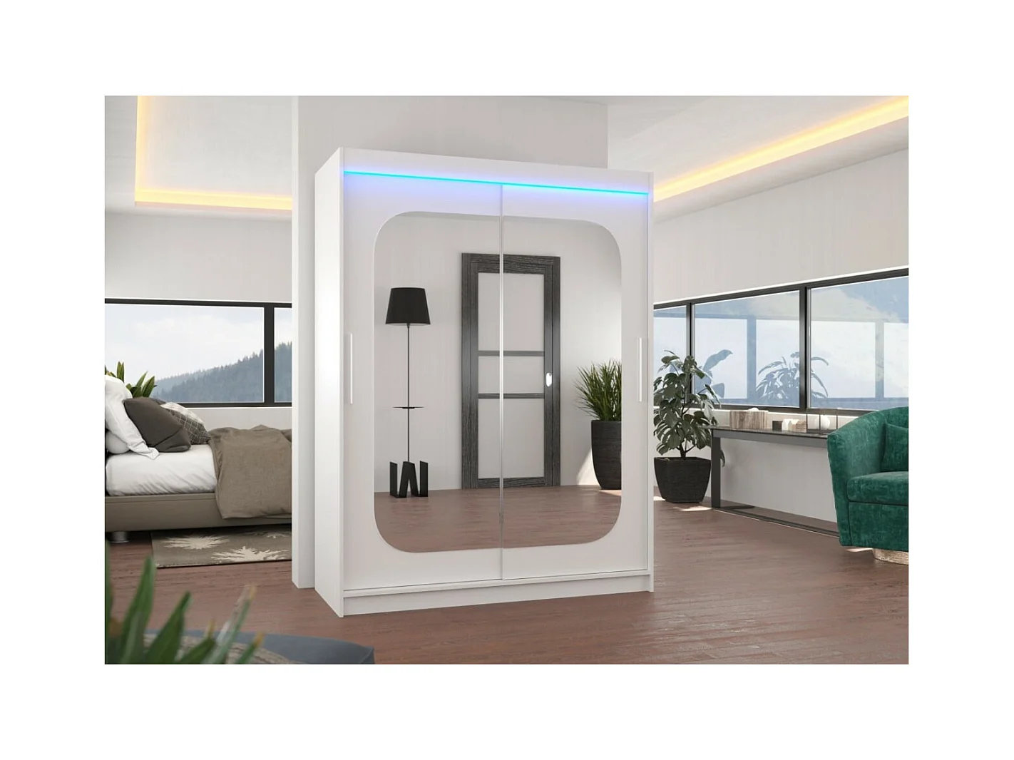 Kleiderschrank Ever (150cm)/Schiebetrüren/Spiegel/LED/Weiss