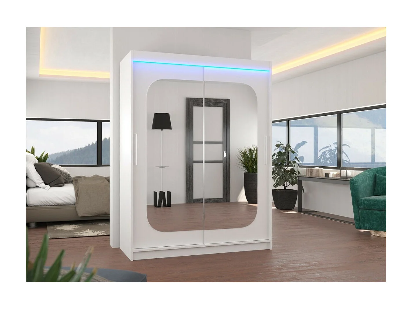 Armadio Ever (150cm)/ante scorrevoli/specchio/LED/Bianco