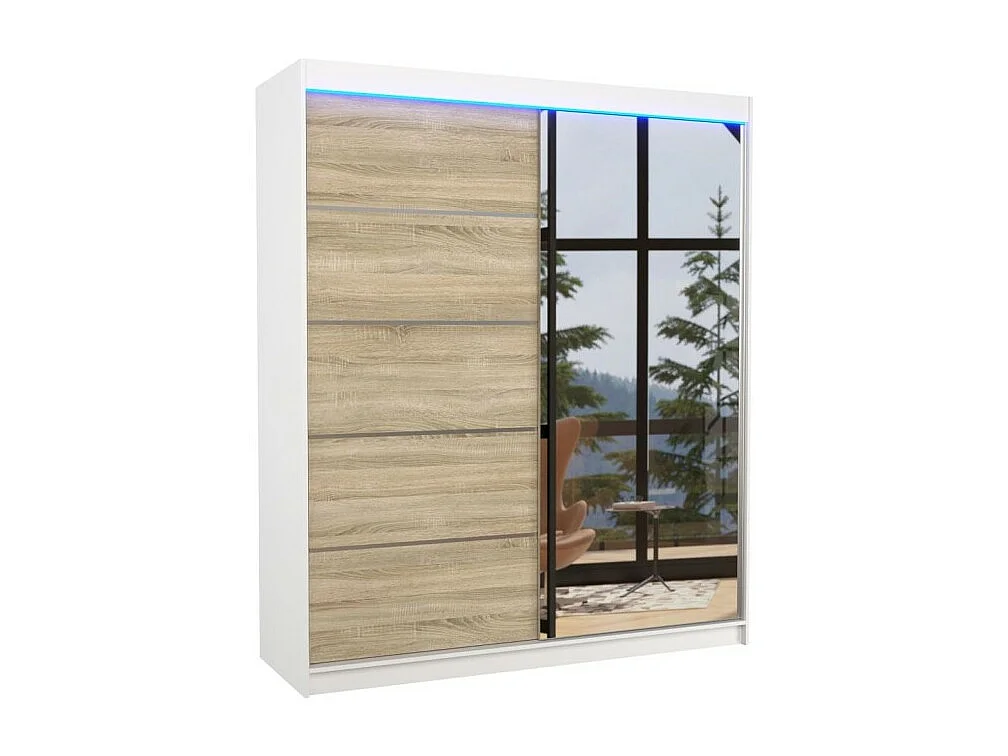 Armadio Taro Lux (180cm)/ante scorrevoli/specchio/LED/Bianco&Sonoma