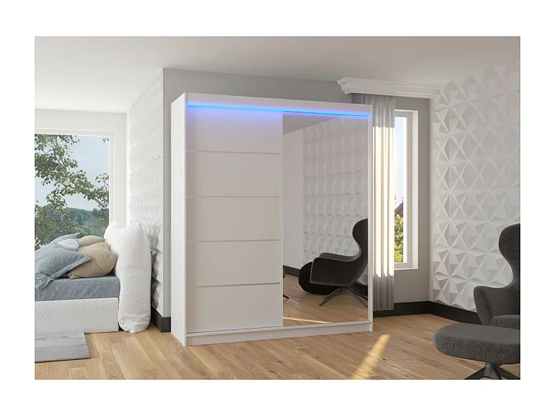 Armoire Taro Lux (180cm)/portes coulissantes/miroir/LED/Blanc