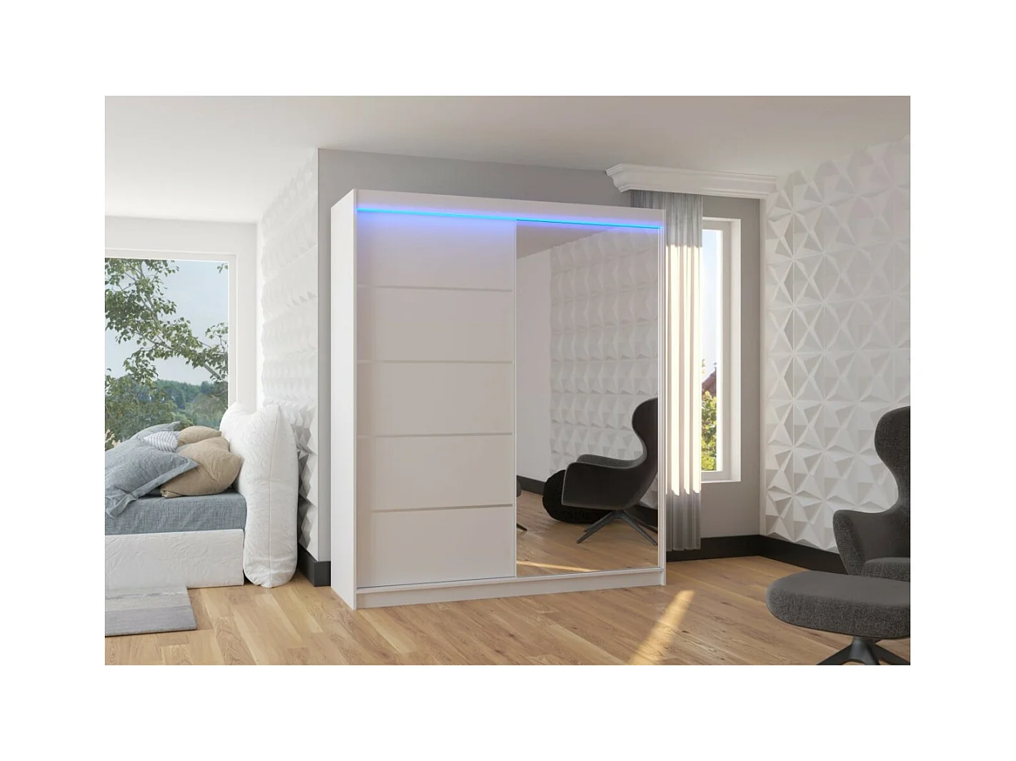 Armoire Taro Lux (180cm)/portes coulissantes/miroir/LED/Blanc