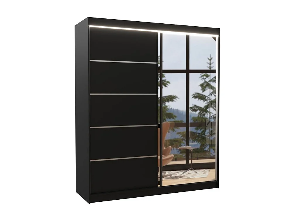 Armoire Taro Lux (180cm)/portes coulissantes/miroir/LED/Noir