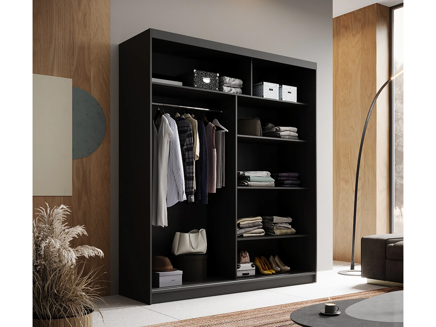 Armoire coulissante 2 portes ANLY 180cm – Dressing moderne-Noir/Blanc