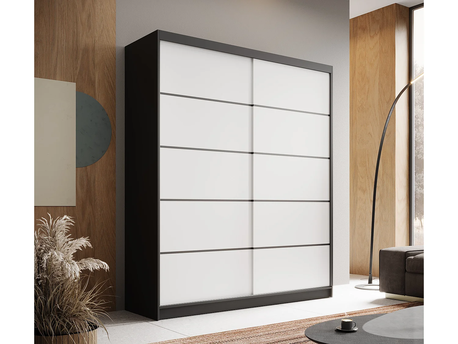 Armoire coulissante 2 portes ANLY 180cm – Dressing moderne-Noir/Blanc