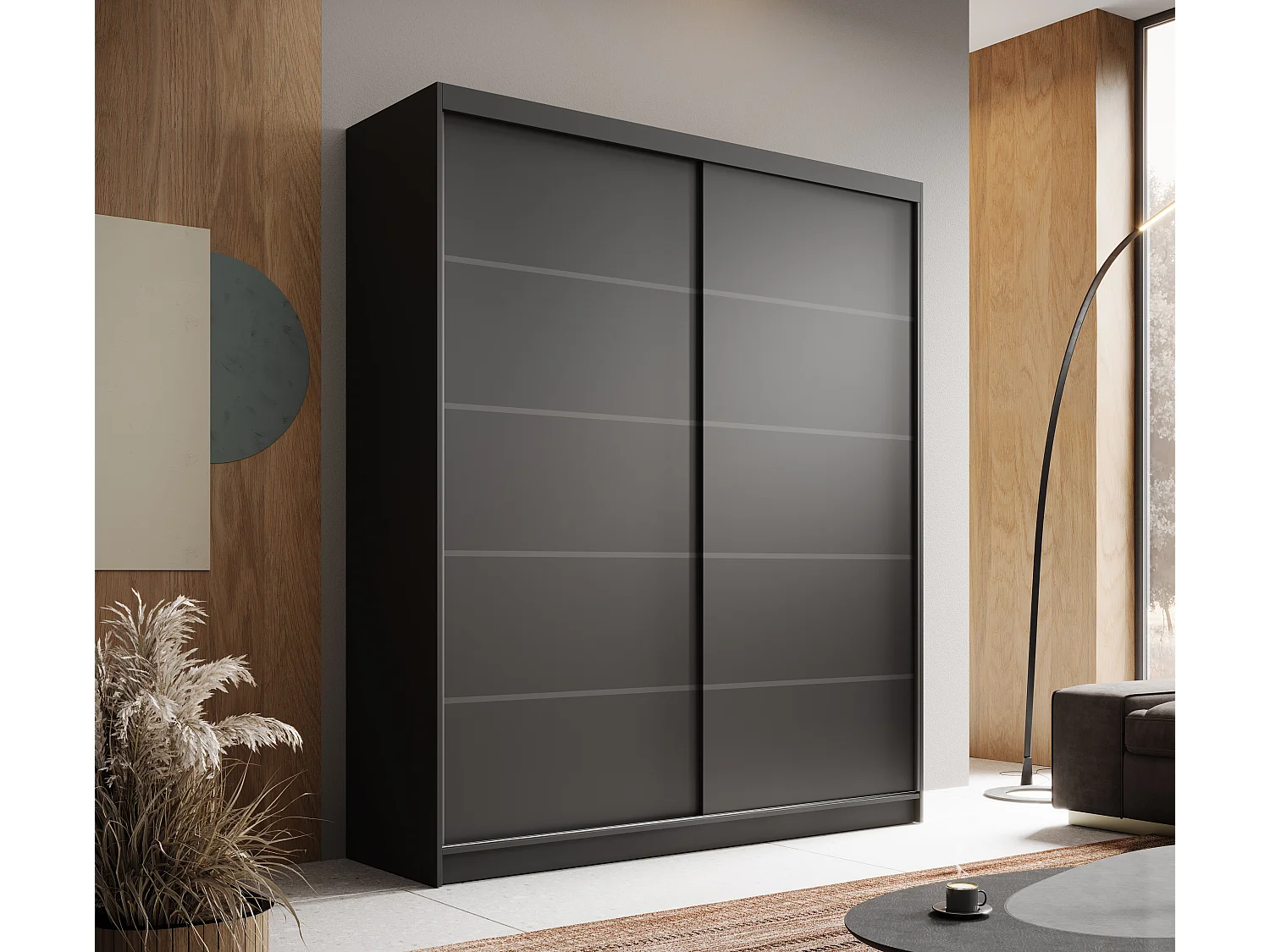 Armoire coulissante 2 portes ANLY 180cm – Dressing moderne-Noir/Blanc