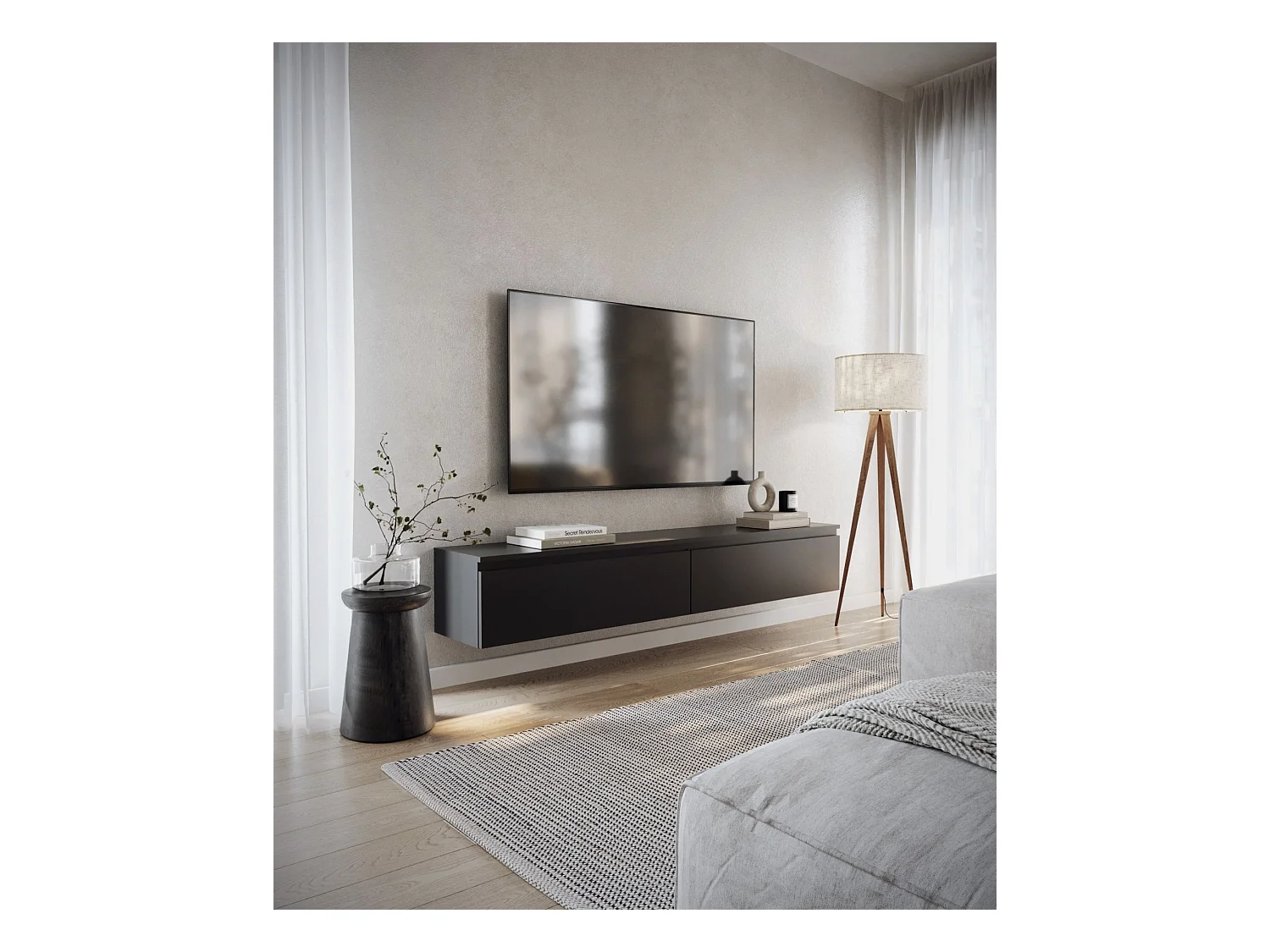 Meuble TV 2 portes -suspendu - 175 cm - noir - BEMMI