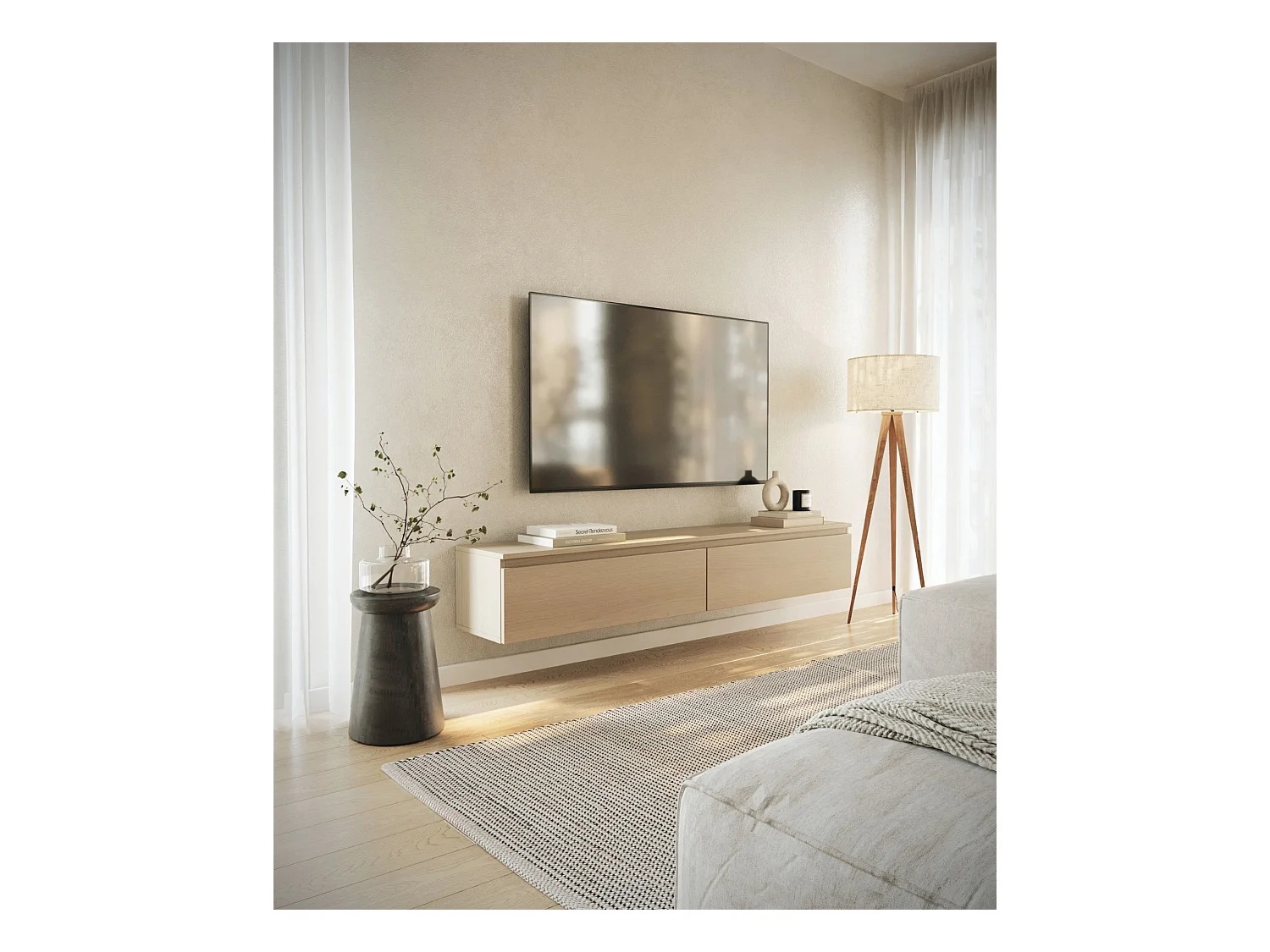 Meuble TV 2 portes -suspendu - 175 cm - chêne de Lindberg - BEMMI
