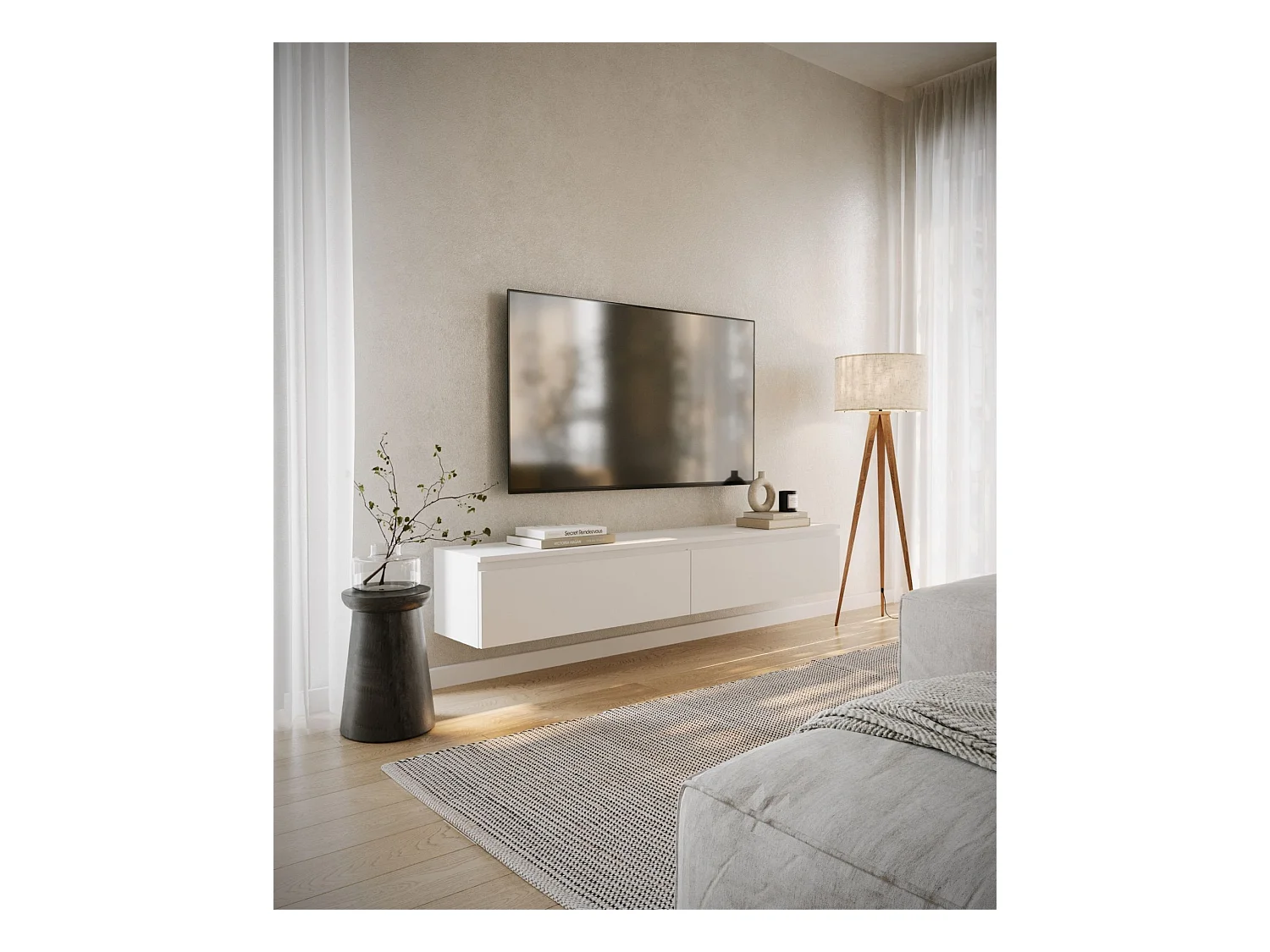 Meuble TV 2 portes -suspendu - 175 cm - blanc - BEMMI