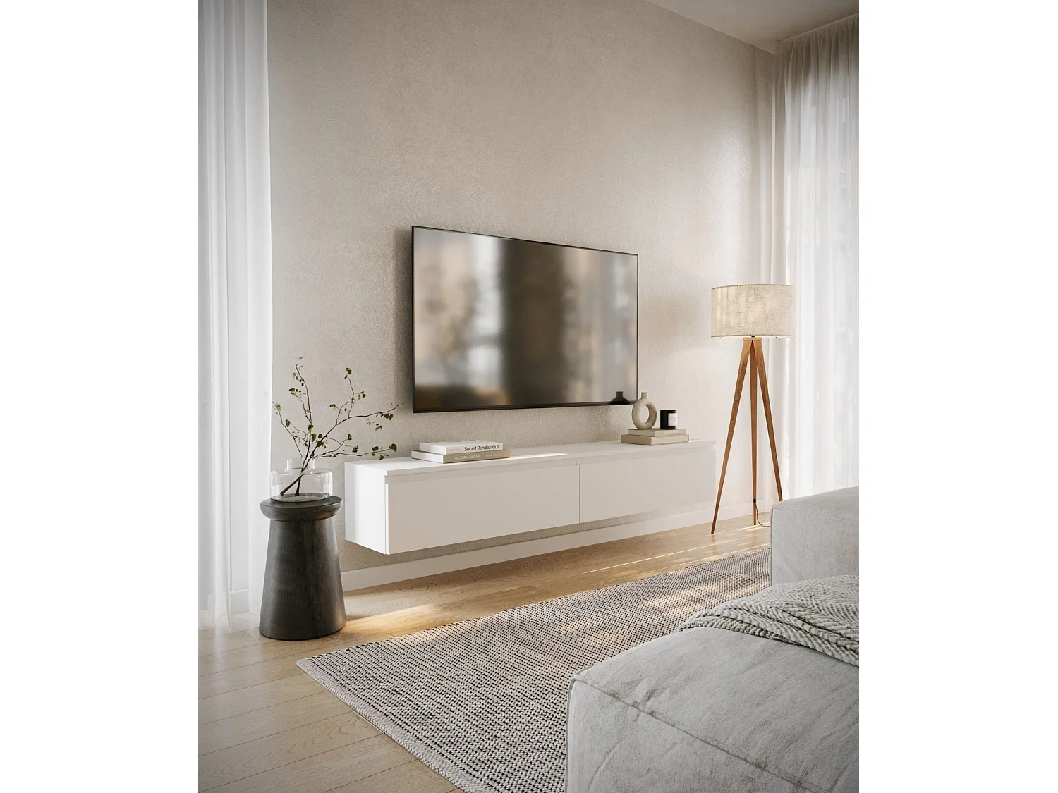 Meuble TV 2 portes -suspendu - 175 cm - blanc - BEMMI