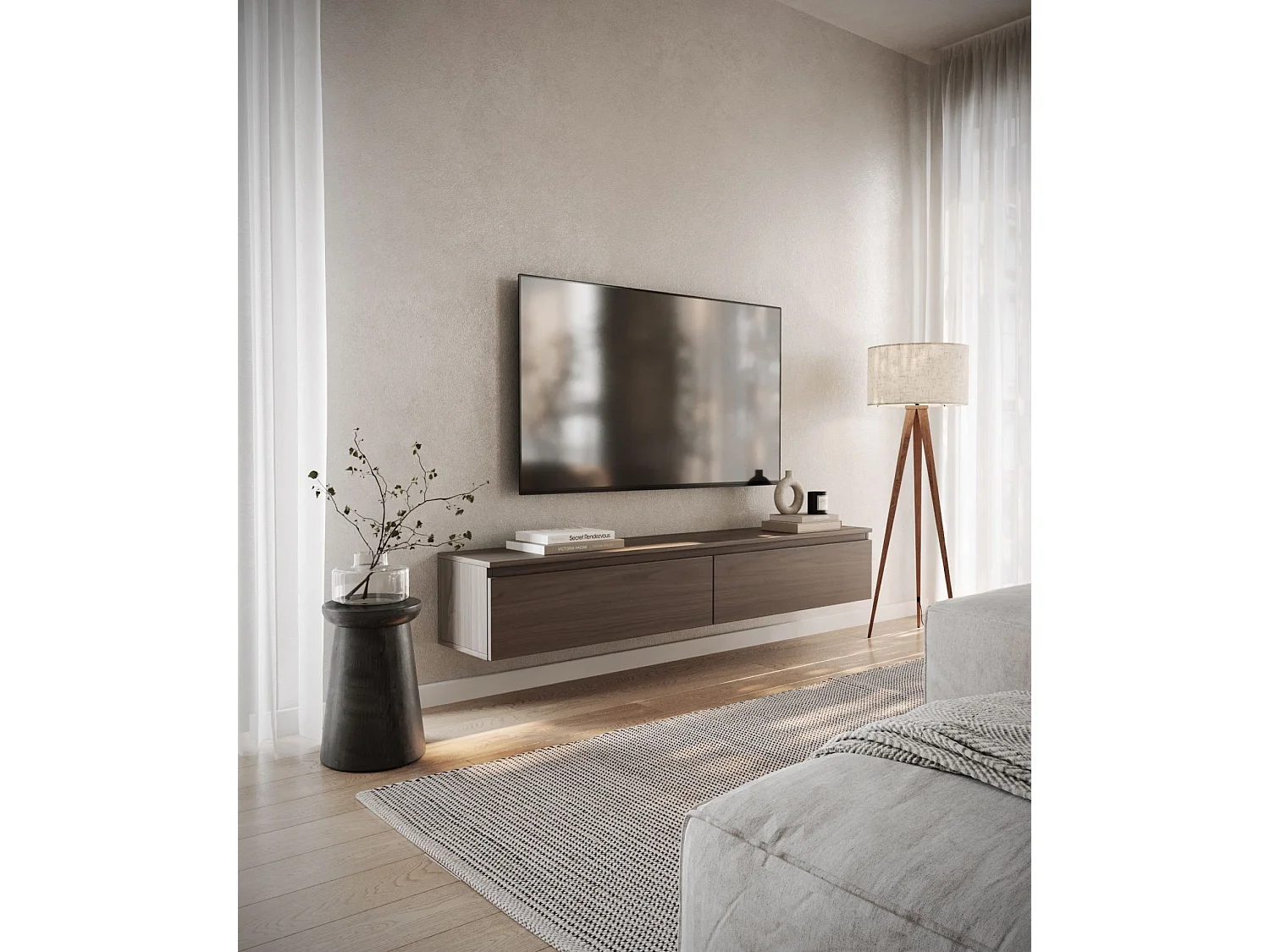 Meuble TV 2 portes -suspendu - 175 cm - noyer du Wisconsin - BEMMI