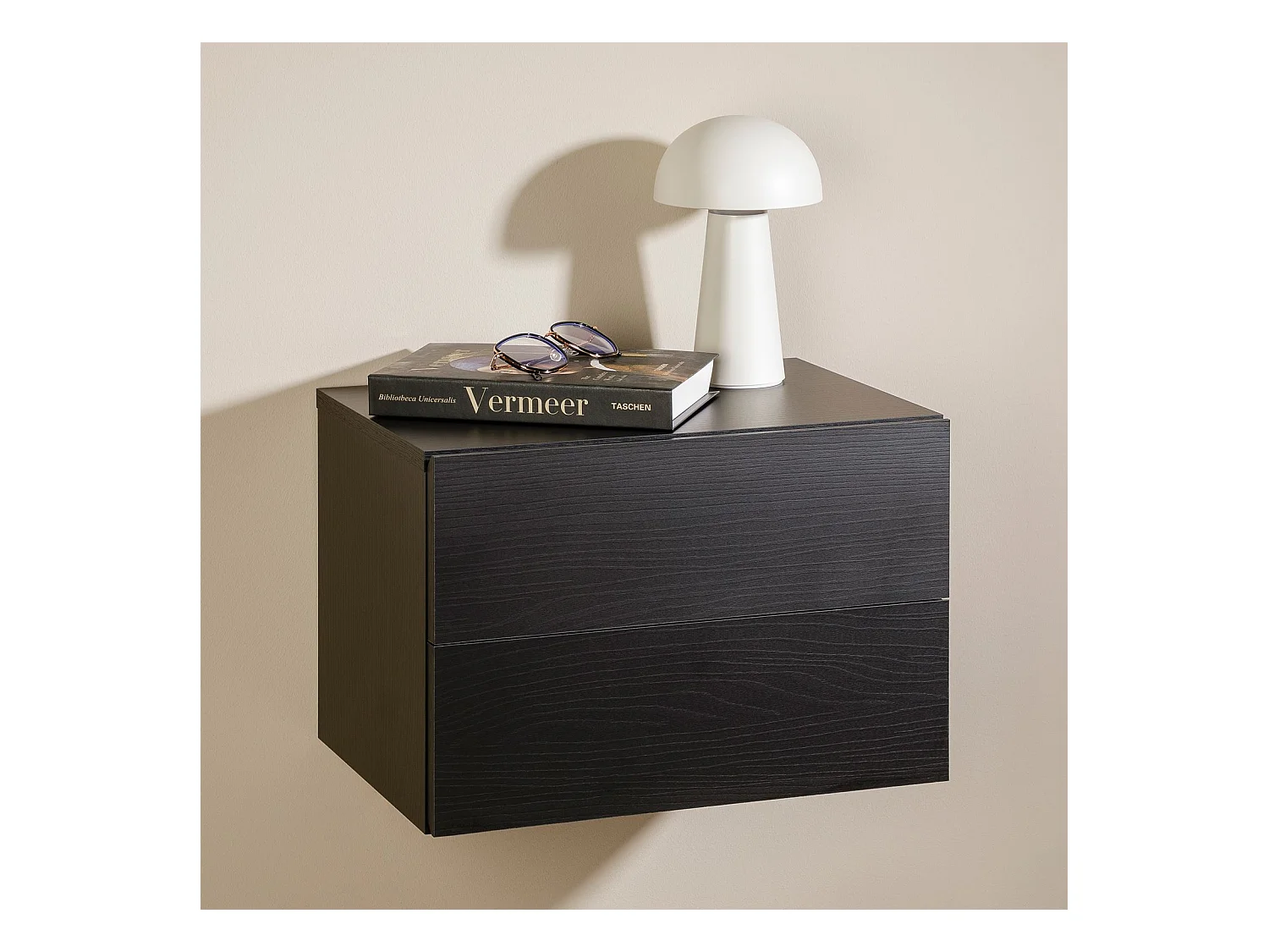 Chevet suspendu FLORENT en bois coloris frêne noir avec 2 tiroirs sans poignée étagère murale