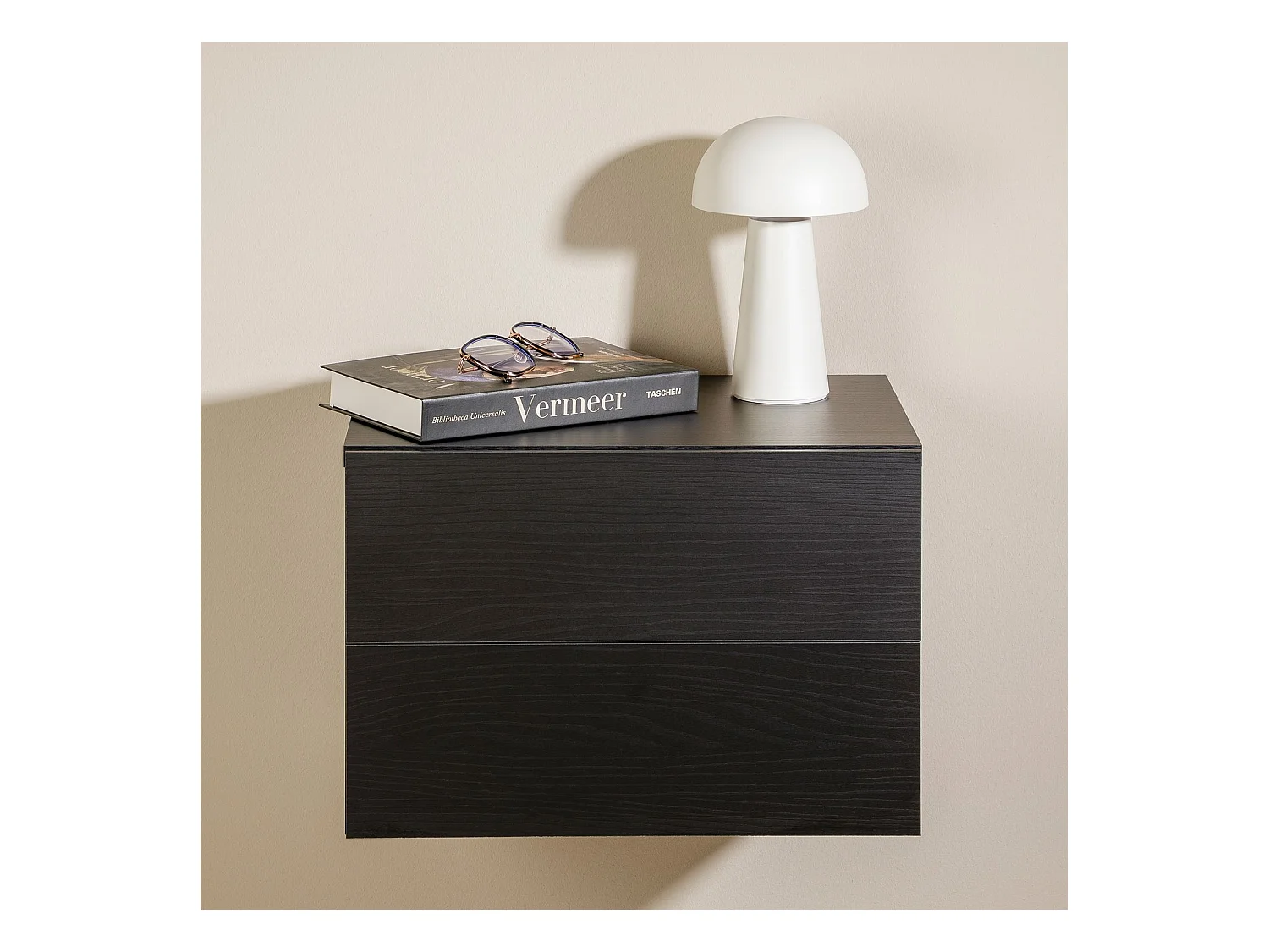 Chevet suspendu FLORENT en bois coloris frêne noir avec 2 tiroirs sans poignée étagère murale