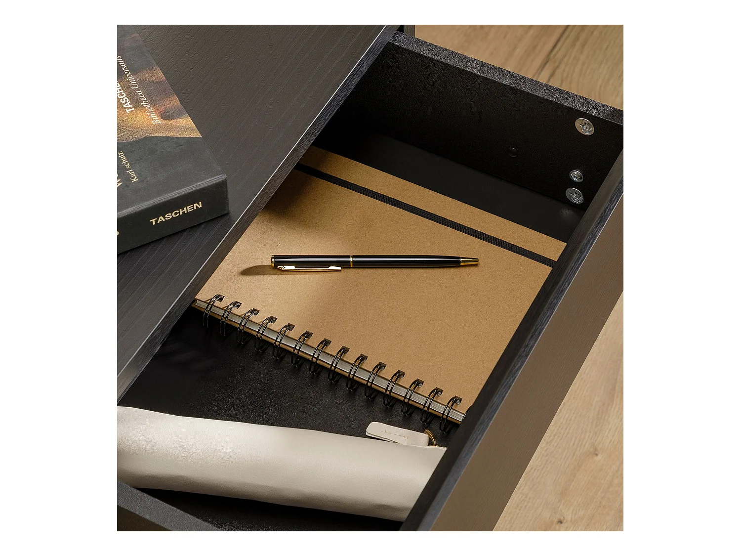 Chevet suspendu FLORENT en bois coloris frêne noir avec 2 tiroirs sans poignée étagère murale