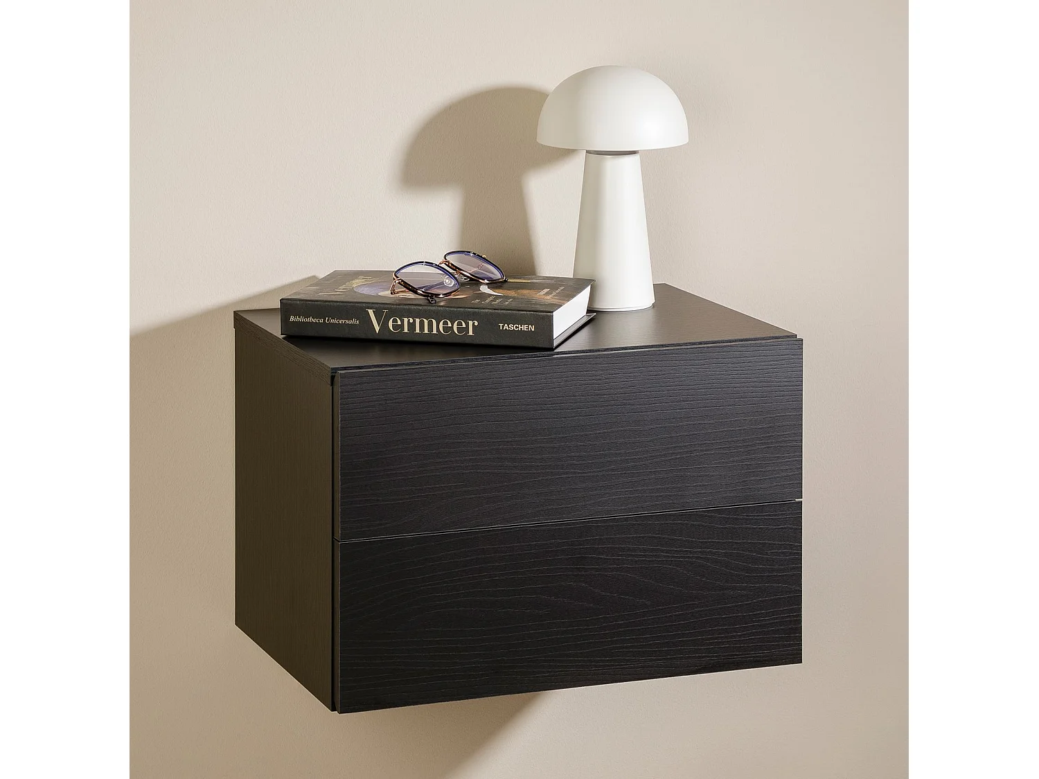 Chevet suspendu FLORENT en bois coloris frêne noir avec 2 tiroirs sans poignée étagère murale