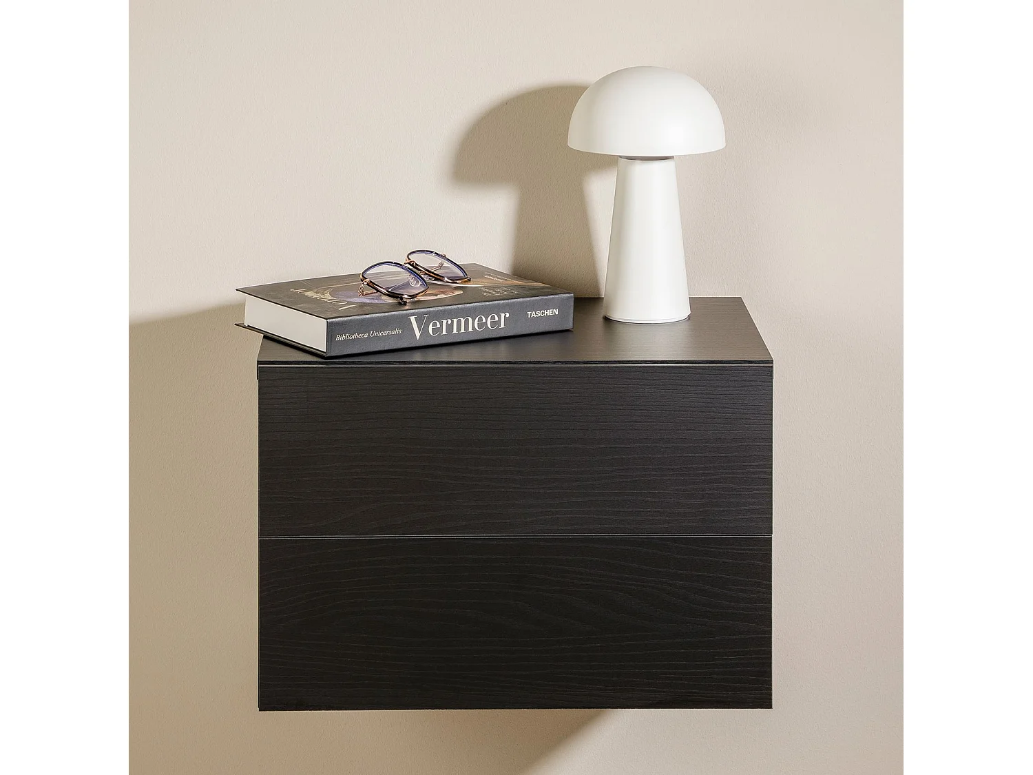 Chevet suspendu FLORENT en bois coloris frêne noir avec 2 tiroirs sans poignée étagère murale