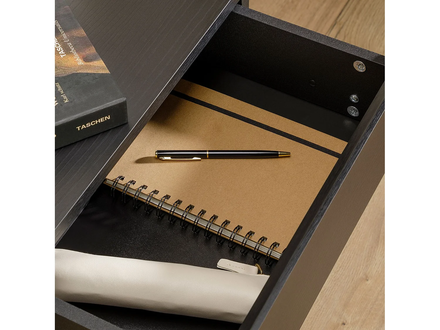 Chevet suspendu FLORENT en bois coloris frêne noir avec 2 tiroirs sans poignée étagère murale