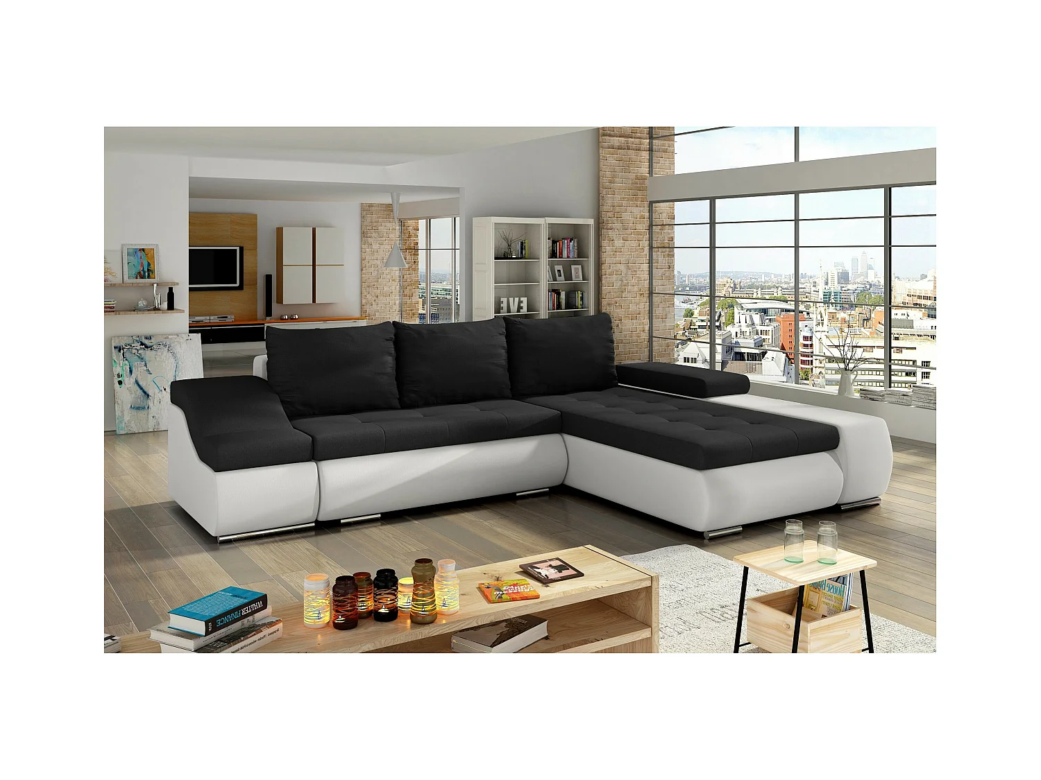 Ecksofa Swicco  R/Stoffbezug/Schwarz&Weiss