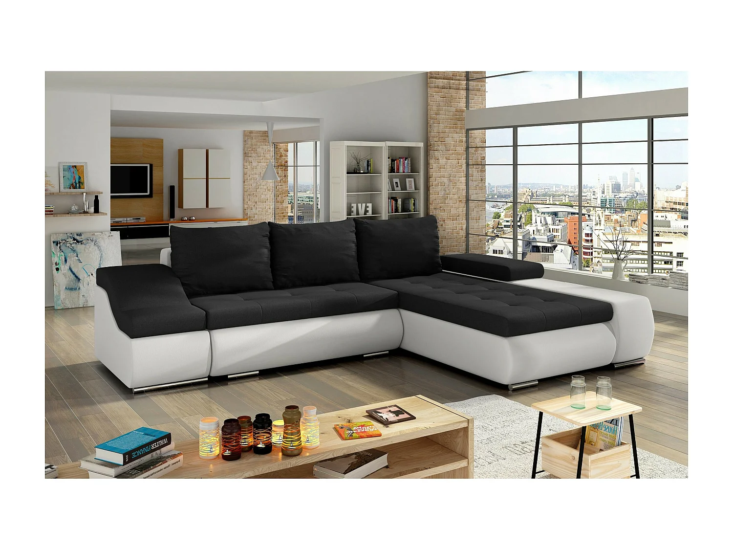 Ecksofa Swicco  R/Stoffbezug/Schwarz&Weiss