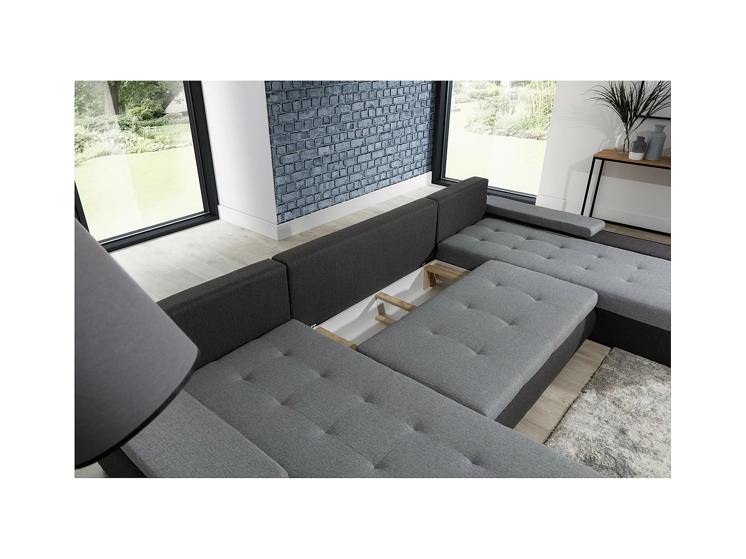 Divano d'angolo Vicenza /rivestimento in tessut/Grigio&Nero