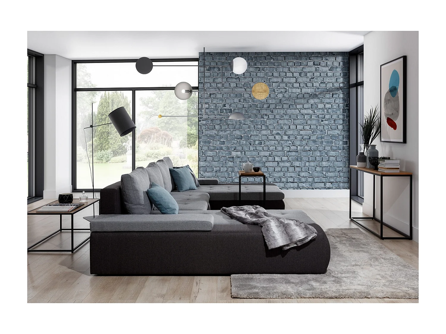 Divano d'angolo Vicenza /rivestimento in tessut/Grigio&Nero