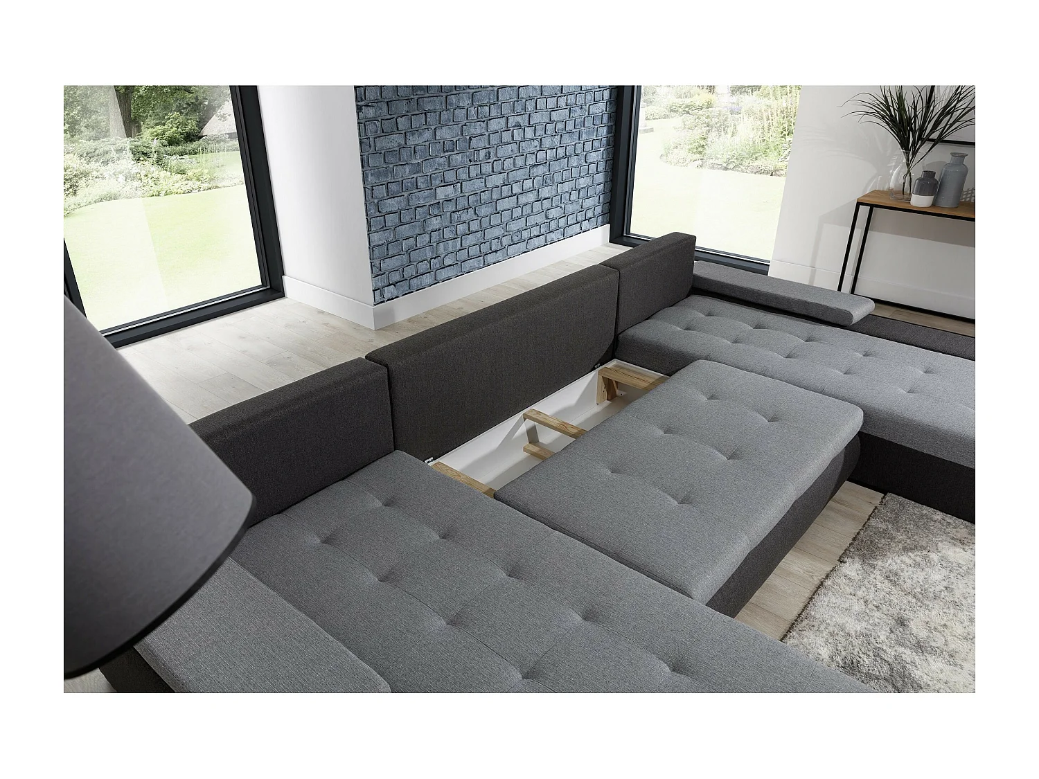 Divano d'angolo Vicenza /rivestimento in tessut/Grigio&Nero