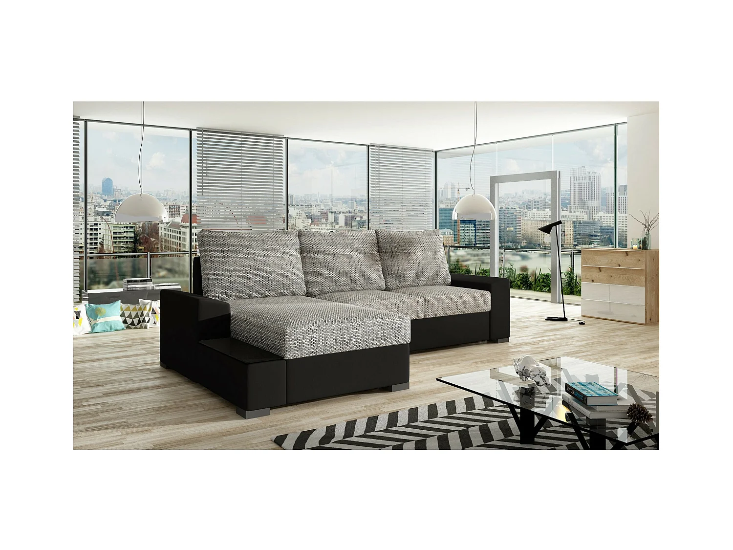 Canapé Corner Arte L/revêtement tissu/Gris&Noir