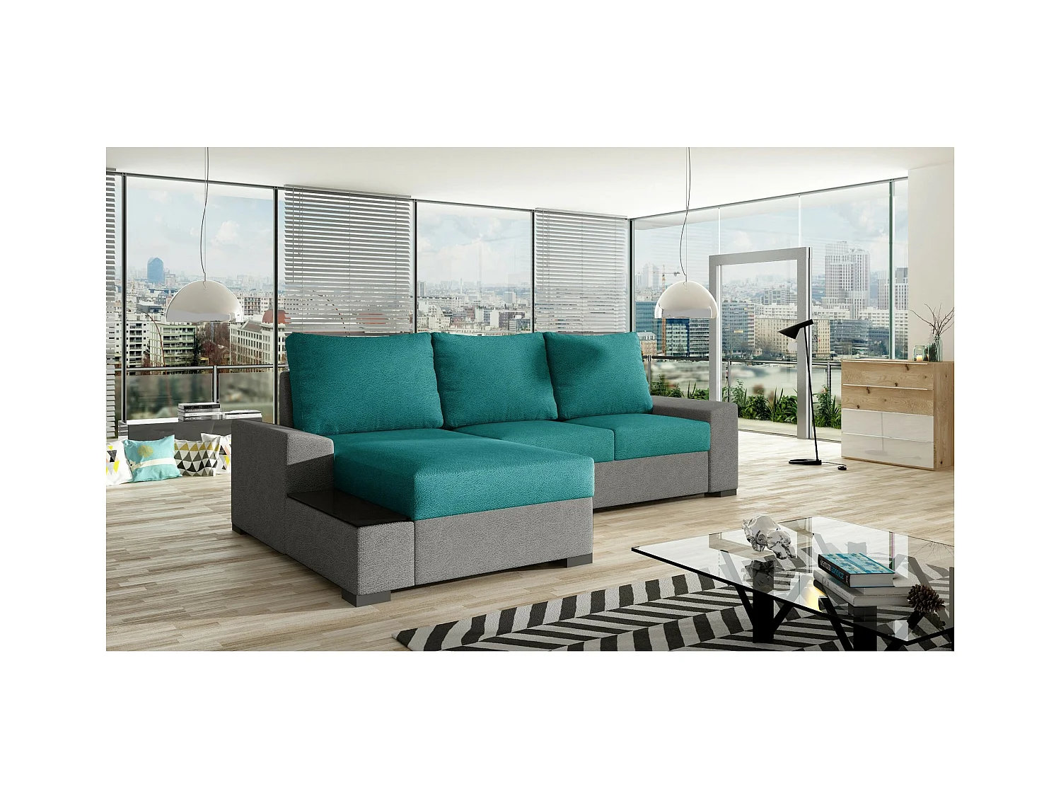 Divano d'angolo Arte L/rivestimento in tessut/Verde&Grigio