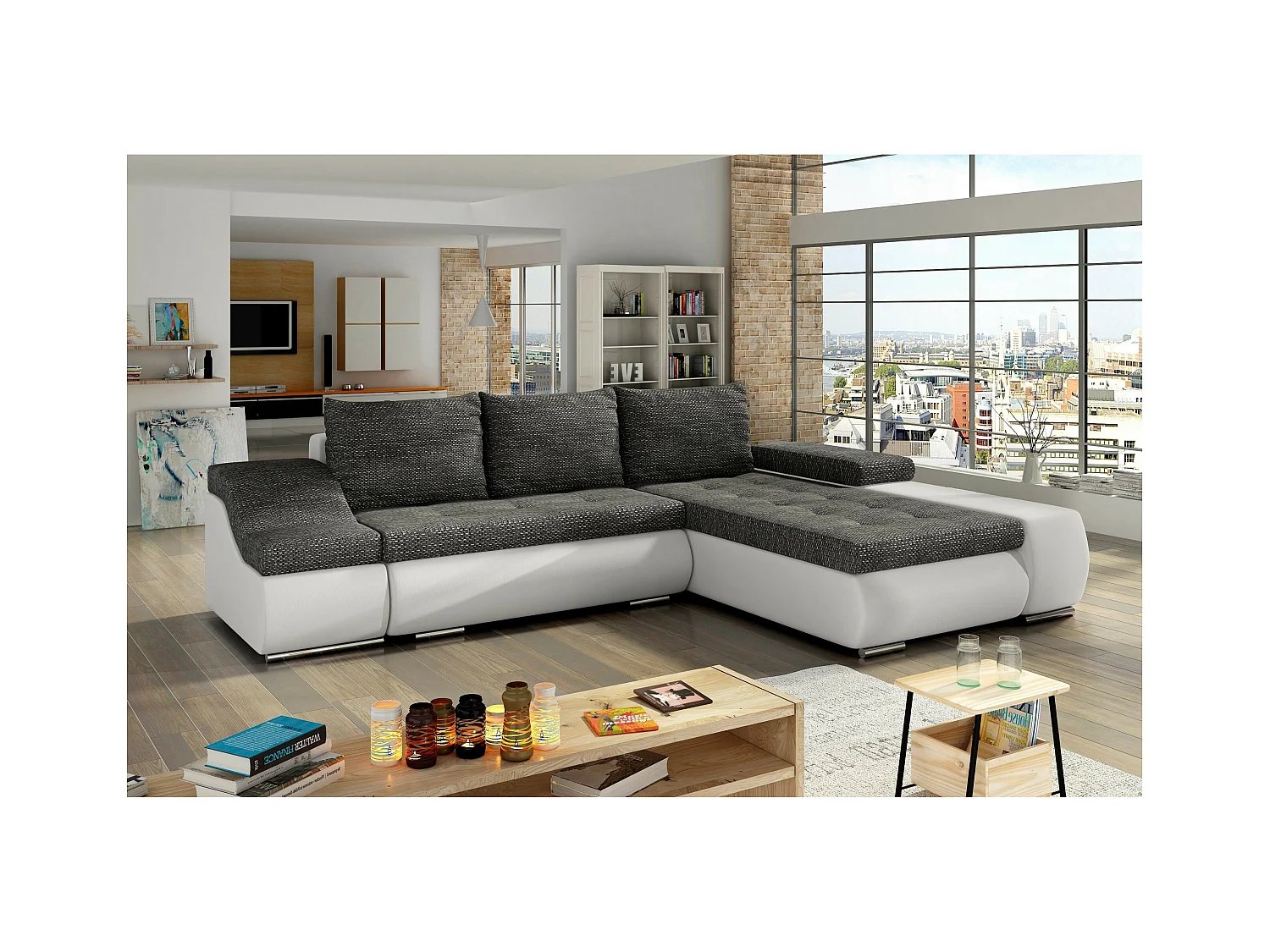 Divano d'angolo Swicco R/rivestimento in tessut/Grigio&Bianco