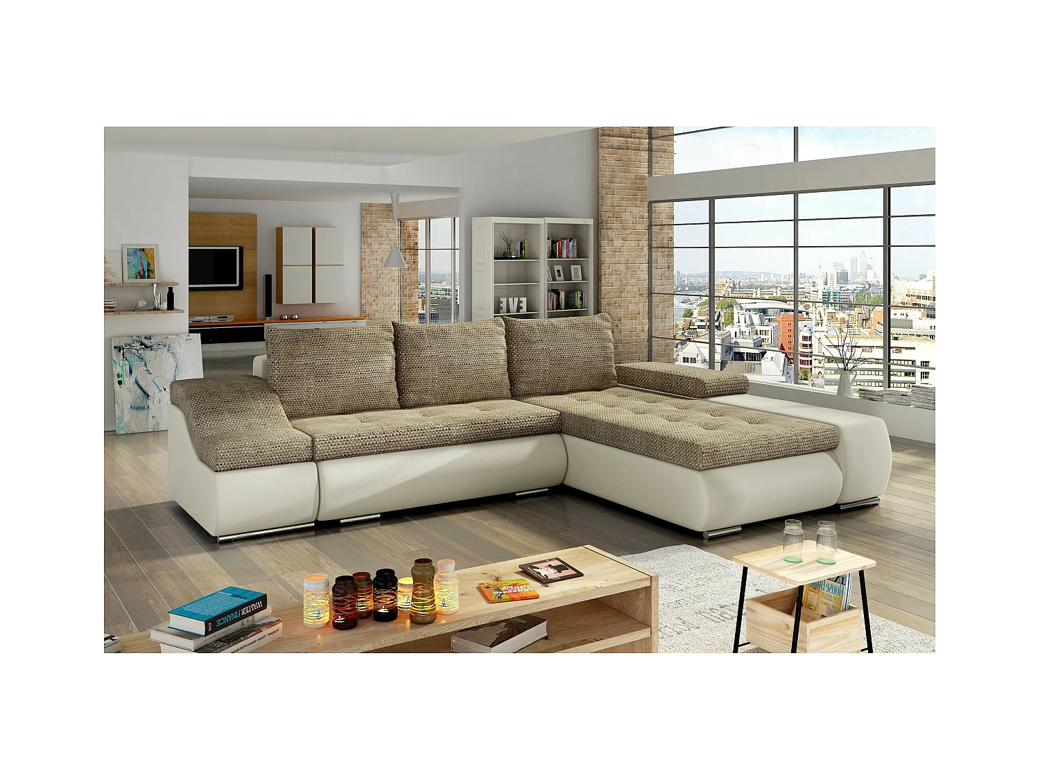 Divano d'angolo Swicco R/rivestimento in tessut/Beige&Marrone