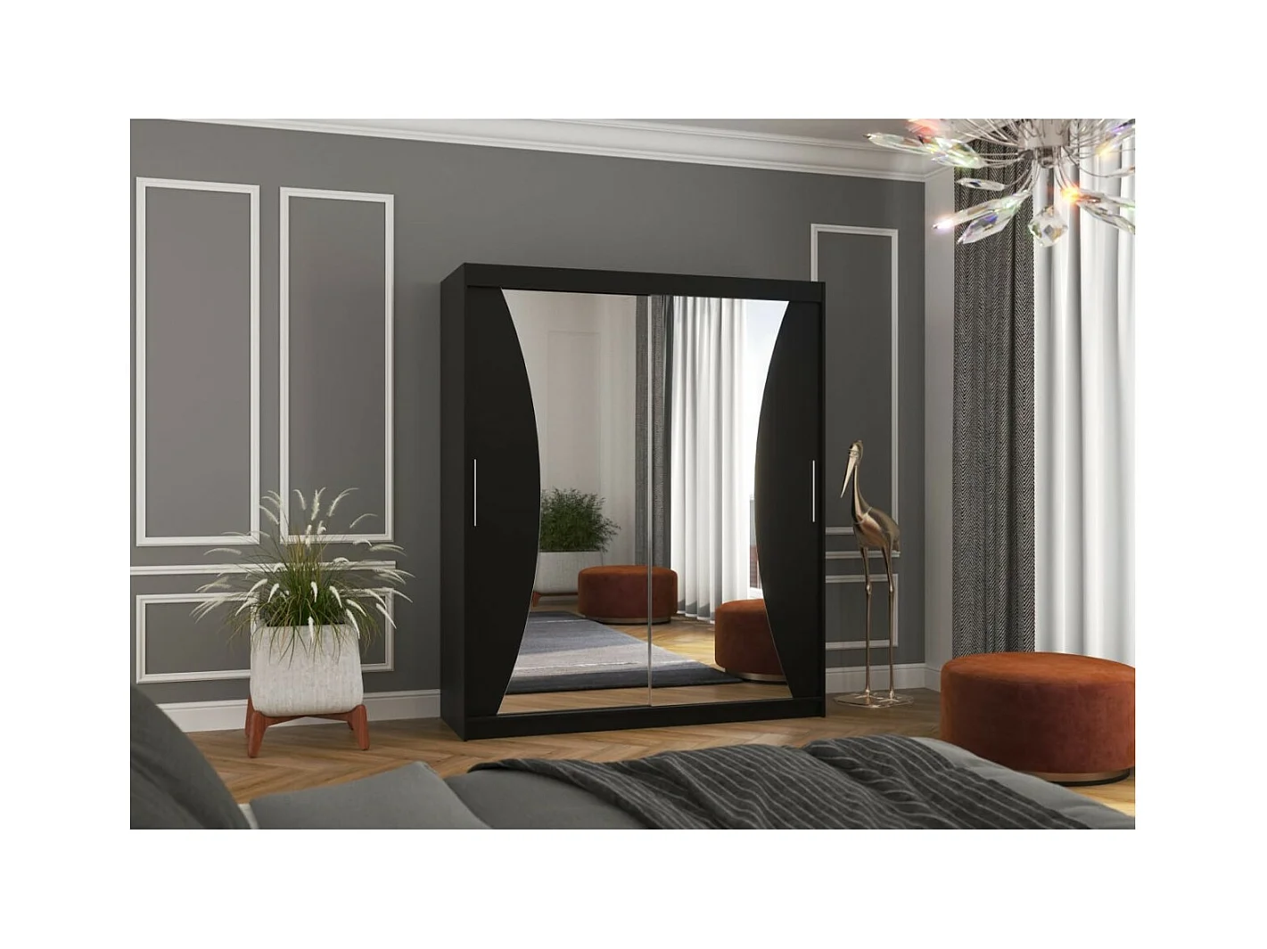 Armadio Lotte (180cm)/ante scorrevoli/specchio/Nero