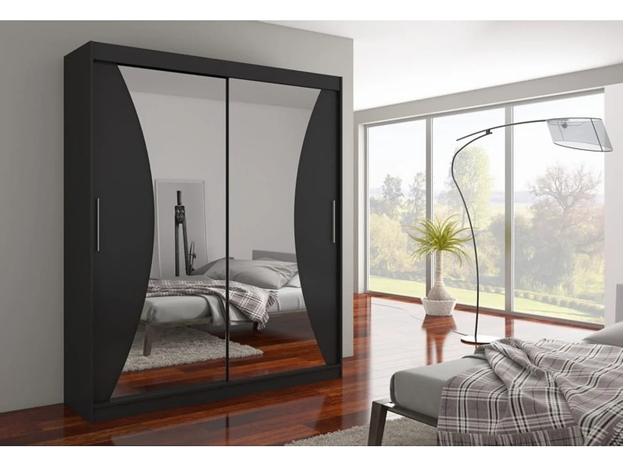 Kleiderschrank Lotte (180cm)/Schiebetüren/Spiegel/Schwarz
