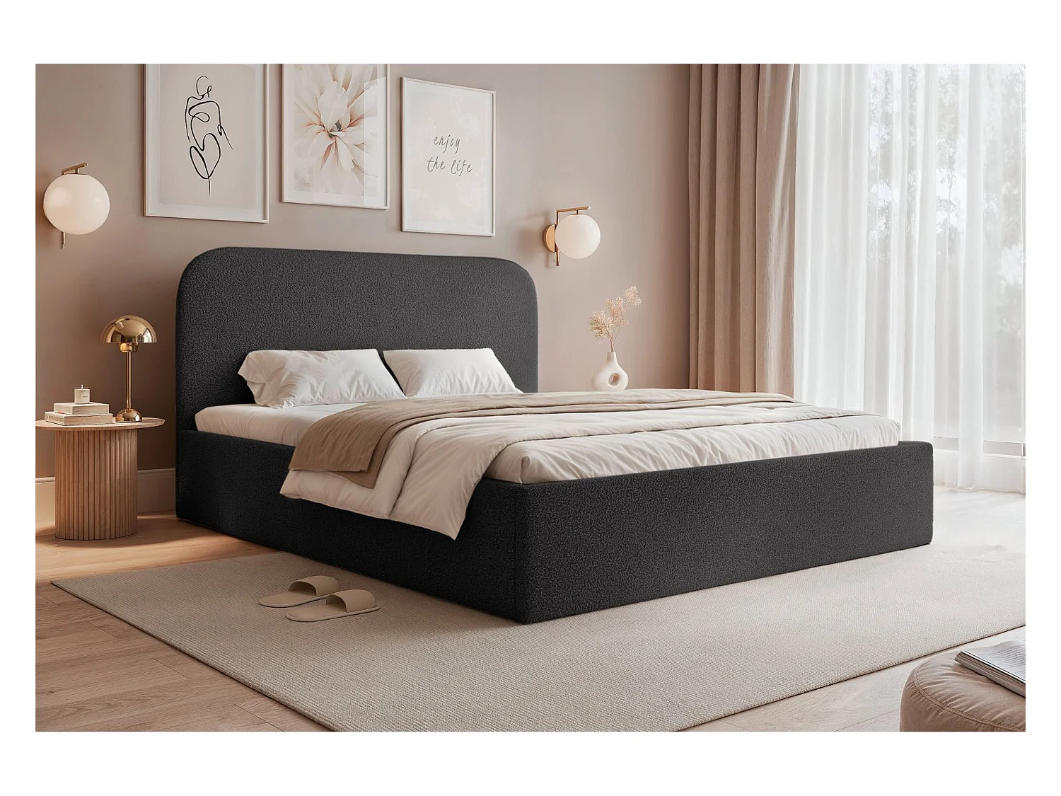 Lit coffre - 180x200 cm - en tissu bouclette graphite - SONVIVO