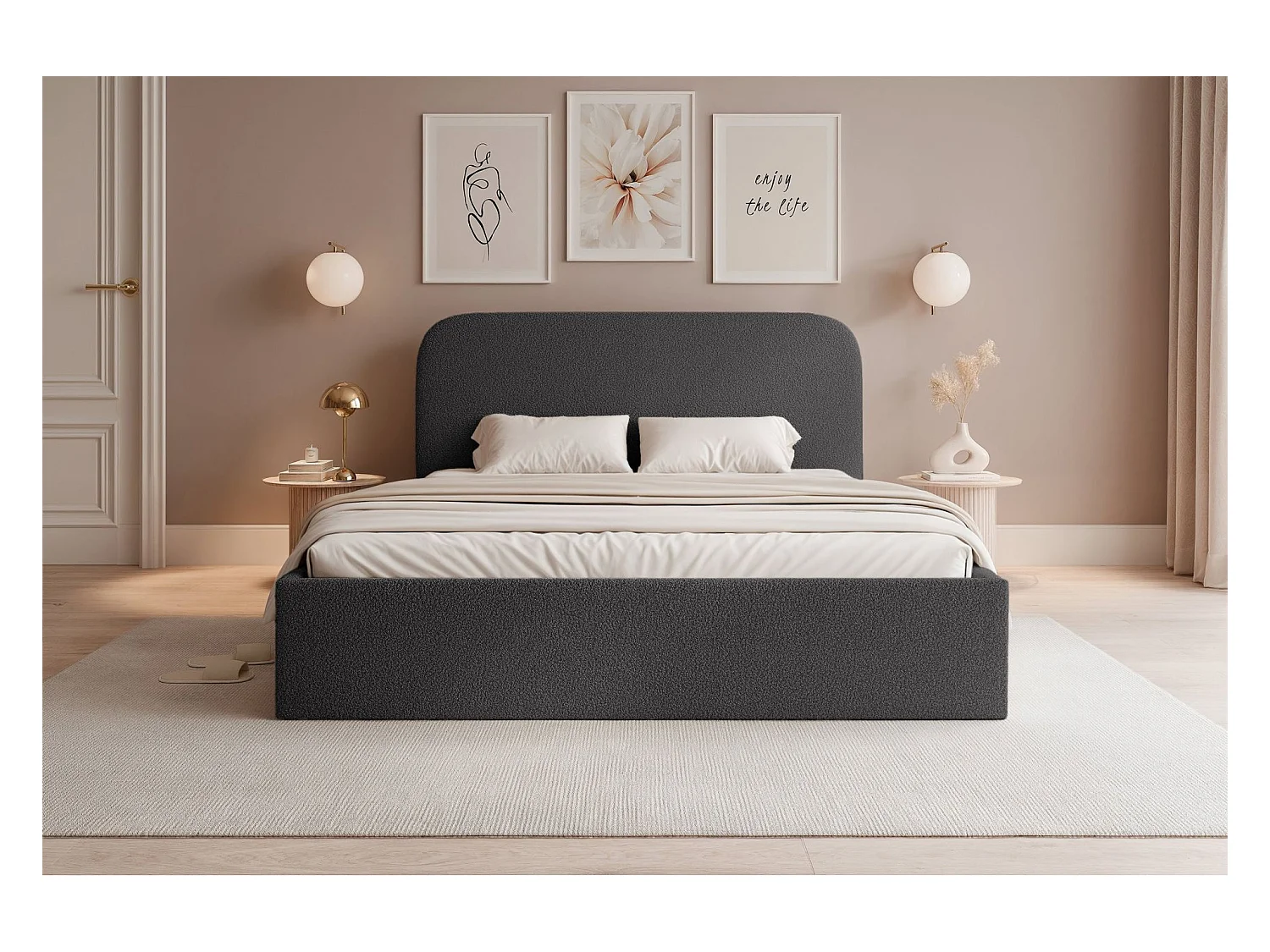 Lit coffre - 160x200 cm - en tissu bouclette graphite - SONVIVO
